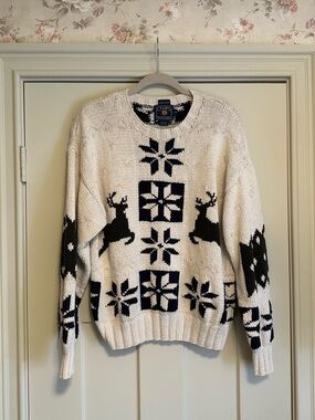Vintage Chaps Ralph Lauren Hand-Knit Fair Isle Reindeer Sweater M Linen Cotton